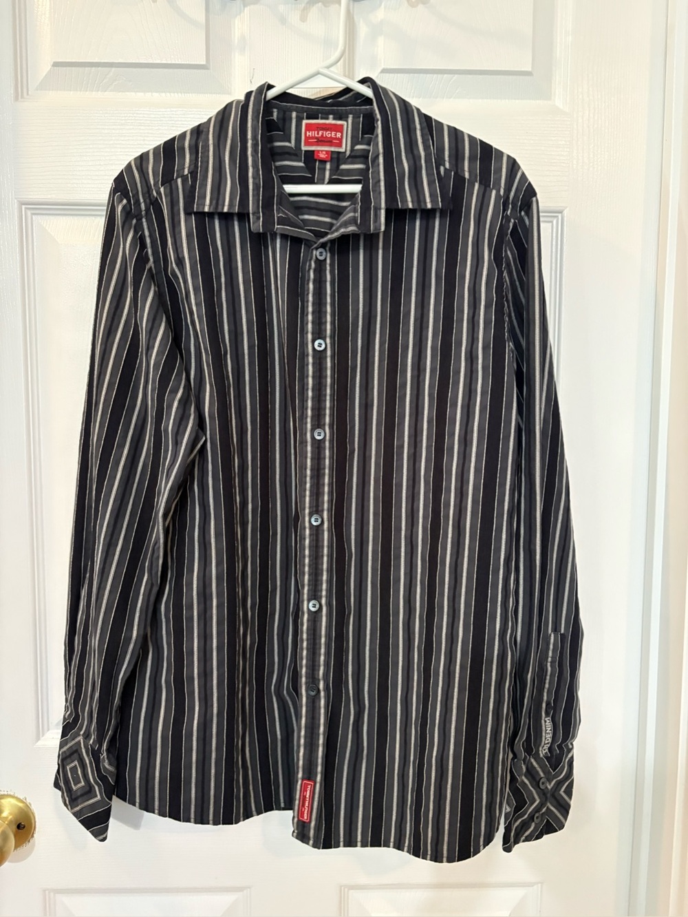 Tommy Hilfiger Black Shirt with Gray and White Stripes